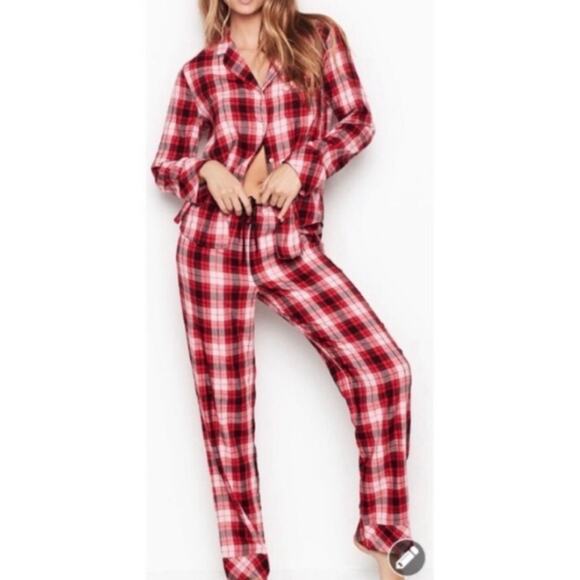 VICTORIA'S SECRET Cotton Red Plaid flannel Pajama Pants Set Long Sleeve M New - Picture 1 of 10